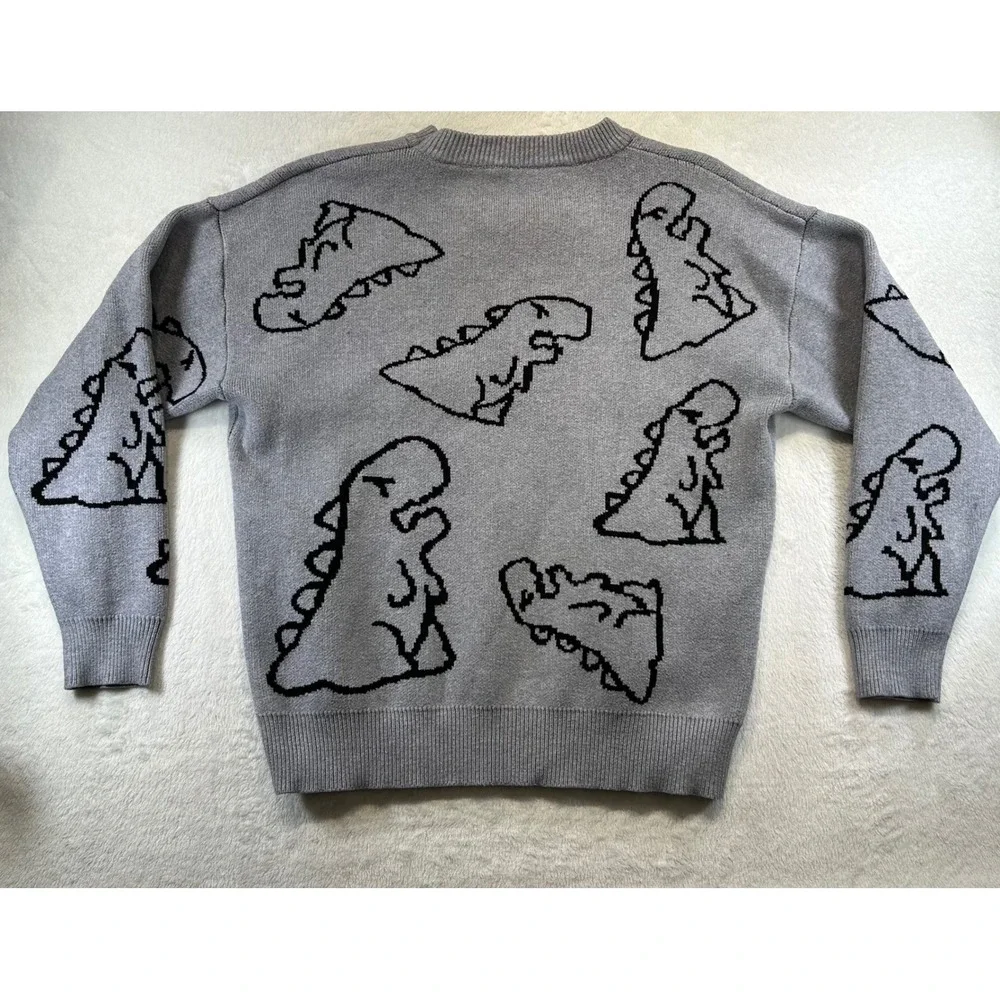 Kidcore Dinosaur Graphic Knit Sweater Large Grey Streetwear Indie Quirky Retro - Picture 6 of 6